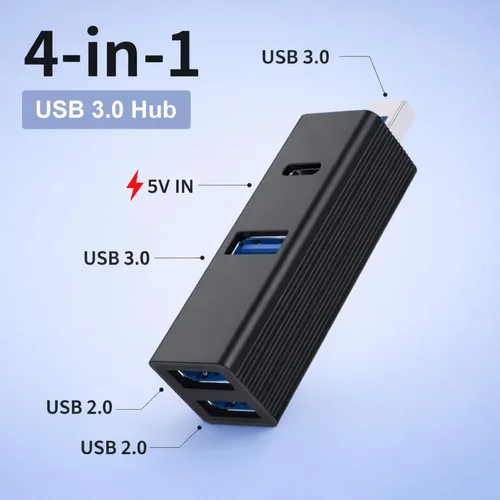 Vista 2 de Hub USB de 4 puertos, divisor USB de aluminio para portátil con puerto de alimentación de 5 V, adaptador extensor mini USB para PC, portátil, unidad