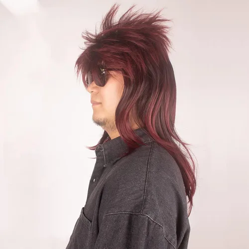 Vista 3 de Peluca de salmonete para hombre, disfraz de los años 80 para hombres, fiesta de disfraces, cosplay, Halloween, peluca de estilo retro natural