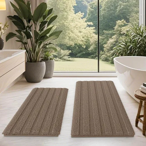 Vista 49 de ACCUMTEK - Juego de alfombras de baño a rayas beige de 3 piezas, ultrasuaves, antideslizantes de chenilla, alfombras de baño mullidas y absorbentes