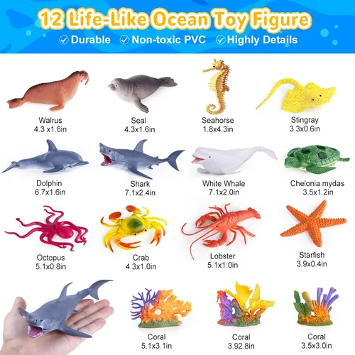 Vista 3 de GINMIC Juguetes de animales del océano para niños con alfombra de juego grande, paquete de 18 juguetes de animales marinos realistas surtidos