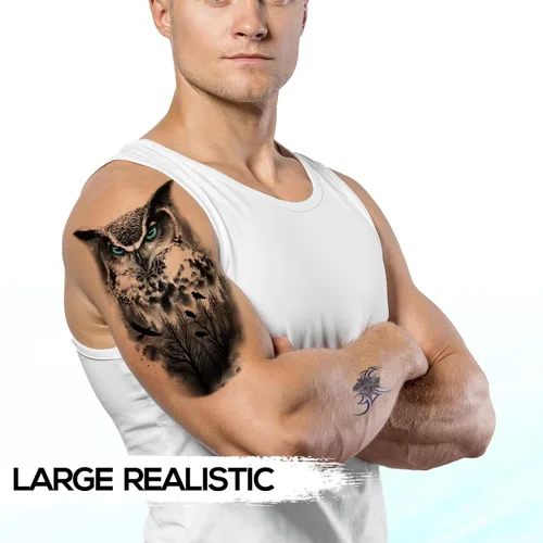 Vista 4 de Kotbs 6 hojas de tatuajes temporales de animales en 3D para mujeres y hombres, tatuajes realistas impermeables falsos con patrón de lobo y león