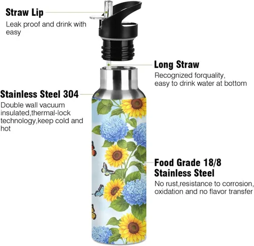 Vista 3 de Stainless Steel Vacuum Insulated Water Bottle 20 Oz, BPA-Free Sports Water Bottle for Gym Outdoor Travel School, Yellow Sunflowers