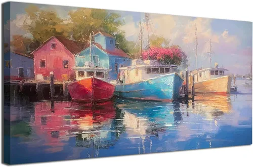 Vista 18 de Arjun Pintura de Paisaje Puesta de Sol Montaña Lago Arte de Pared en Lienzo con Textura Enmarcado Grande 40"x20"- Impresiones de Cuadros Serenos