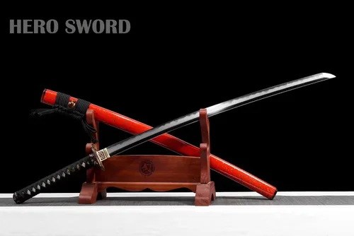 Vista 3 de Espada katana templada de arcilla Sanmai de acero plegado, navaja real, afilada, espiga completa, auténtica, samurái, armas japonesas, rojo