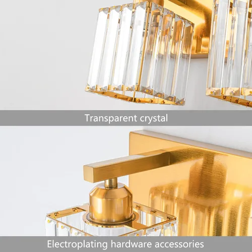 Vista 5 de Lámpara de cristal de pared moderna de latón cepillado dorado con 2 luces para tocador de baño Oro Recto