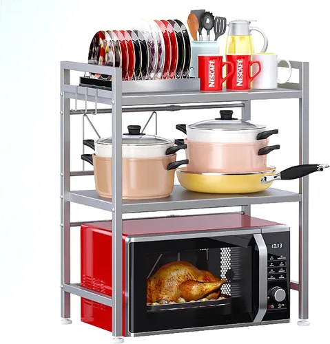 Vista 10 de PUSDON Estante para horno de microondas, estante ajustable resistente de 3 niveles con 3 ganchos para organizador de encimera de cocina