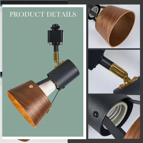 Vista 6 de TeHenoo Modern H Type Track Lighting, Matte Black, Pack of 3 Adjustable Track Heads, Natural Wood Lampshade, E26 Socket, Brass Swivel Item Kit