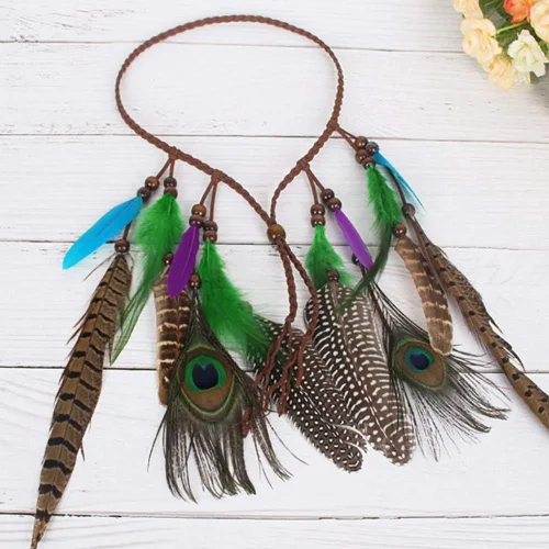 Vista 4 de Diadema de plumas bohemias con borlas de princesa india, ajustable, corona hippie