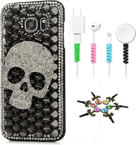 Vista 8 de Sparkle Funda compatible con Samsung Galaxy J2 Prime – Elegante funda 3D hecha a mano con diseño de calavera grande con protector de cable