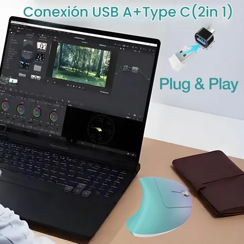Vista 4 de Vassink Ratón ergonómico inalámbrico recargable, conexión USB A+Type C (2en1), 800/1200/1600 DPI, 6 botones, 2.4GHz, ratón vertical para túnel
