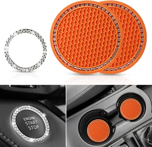 Vista 8 de OUZORP Paquete de 2 posavasos azules para automóvil con botón de arranque y anillo brillante, 1 paquete Posavasos antideslizantes para portavasos