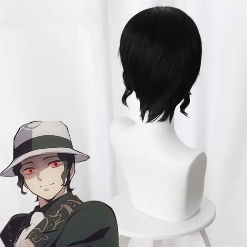 Vista 5 de Kibutsuji Muzan - Peluca de cosplay para anime de Halloween, peluca rizada negra con gorra de peluca gratis..