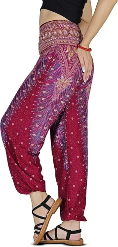 Vista 2 de Boho Aladdin - Pantalones harén para mujer, ligeros, de algodón, con cintura fruncida, pantalones de yoga Genie para descansar, viajes, festivales