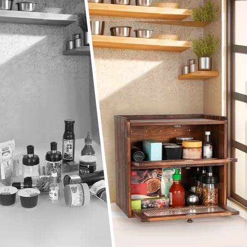 Vista 7 de Sunhoo Panera para encimera de cocina, contenedor de almacenamiento de pan de madera, contenedor de almacenamiento de pan de 2 capas, soporte