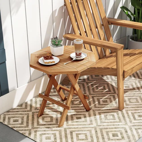 Vista 8 de RELAX4LIFE Mesa auxiliar plegable para exteriores, mesa auxiliar de madera de teca, mesa de café octogonal con mesa de listones, mesa de campamento