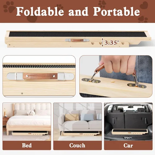 Vista 6 de Rampa para perros para cama alta, sofá, automóvil, rampas para mascotas de 55.12" de largo ajustable de 19.3"-27.17" escalón de madera para perro