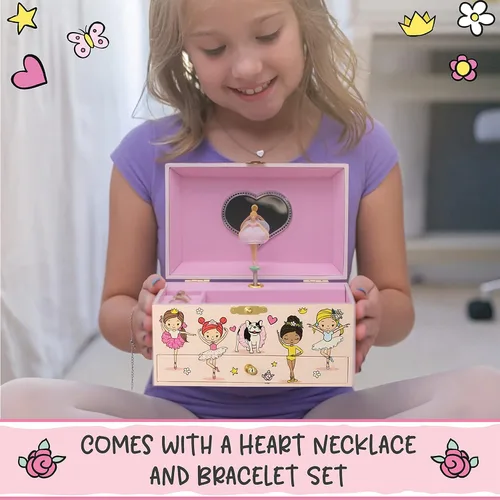 Vista 4 de Joyero musical de bailarina para niñas, joyero que brilla en la oscuridad, joyero organizador con collar de corazón y juego de pulsera, bonita caja