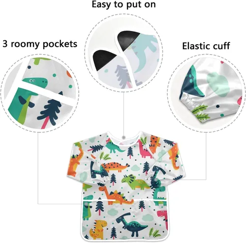 Vista 3 de STAYTOP Lindas batas de dinosaurio para niños, delantales impermeables para pintura de artistas para edades de 2 a 6 años, F
