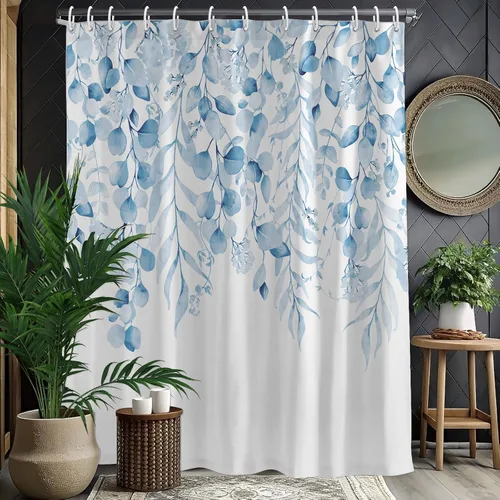 Vista 22 de KAIRA Cortina de ducha de eucalipto negro con diseño clásico y moderno, hojas de plantas de acuarela con diseño floral, decoración de baño, 72 x 72