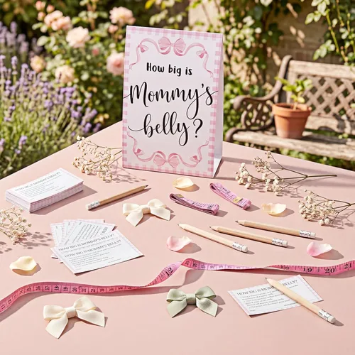 Vista 29 de Sabary 64 Piezas Juegos de Baby Shower Incluyen Letrero How Big is Mommy's Belly Sign Measure Bump Game 50 Tarjetas 10 Lápices 3 Cintas Métricas