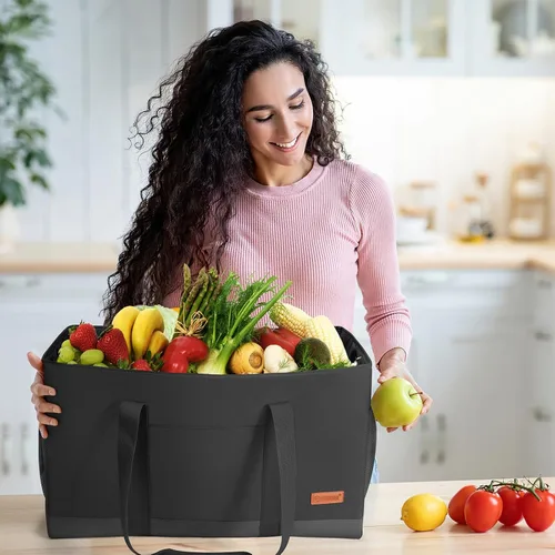Vista 2 de MHOMER Bolsas de compras reutilizables verticales extra impermeables, bolsa tote extragrande con asas de transporte, bolsas de compras plegables