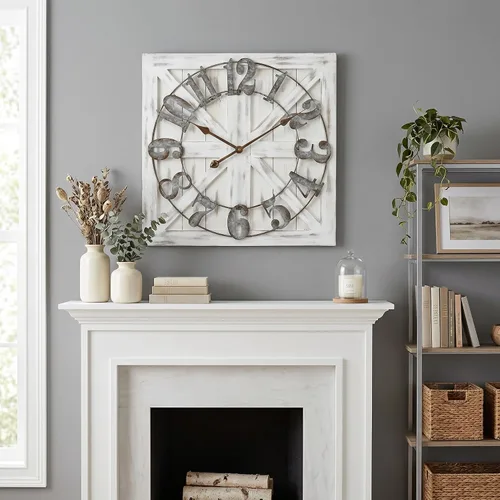 Vista 8 de EMAX HOME Reloj de pared grande estilo casa de campo, reloj de madera rústico cuadrado marrón de 24 pulgadas con letrero decorativo de madera