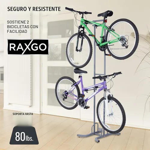 Vista 2 de RaxGo Estante de almacenamiento de garaje para bicicletas, soporte de piso de garaje para 2 bicicletas, independiente, ganchos ajustables