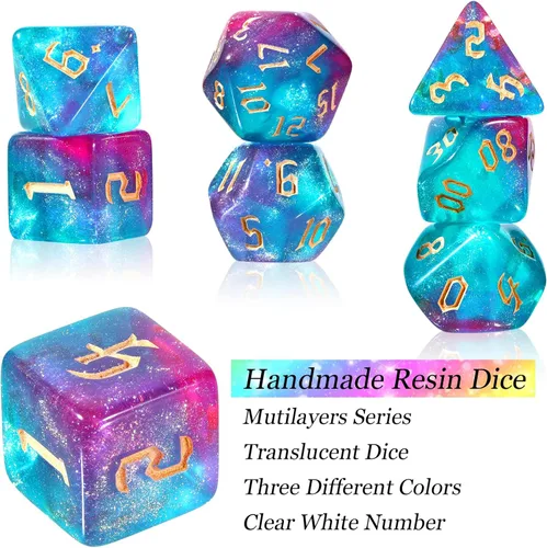 Vista 3 de Juego de dados D20 de resina translúcida de colores poliédricos con caja de dados y bolsa de organza gigante D4 D6 D8 D10 D12 D20 juego de dados