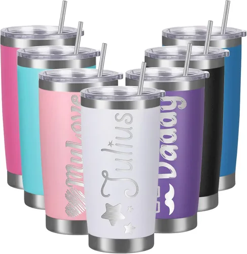 Vista 13 de Vasos personalizados con tapas y pajitas, vasos de acero inoxidable grabados con láser personalizados de 20 onzas con nombre y texto, taza de café