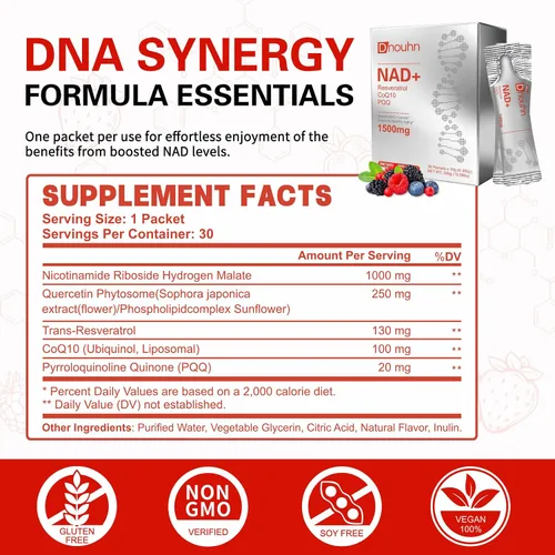 Vista 2 de Suplemento líquido NAD de 1500 mg, ribósido de nicotinamida y resveratrol con PQQ, suplemento NAD para mujeres y hombres, aumenta la energía
