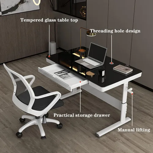 Vista 6 de Escritorio para computadora de estudio, mesa de elevación de pie para oficina, escritorio de computadora de altura ajustable, estación de trabajo