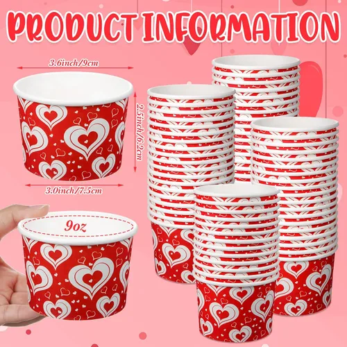 Vista 3 de Shellwei Paquete de 50 tazas de helado de 9 onzas para el día de San Valentín, cuencos de postre desechables con corazón, cuencos de papel