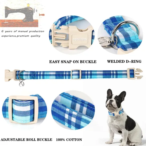 Vista 2 de DOGWONG Collar de Algodón para Perro, Collar para Perro de Cuadros Azules Resistente, Collar Suave y Duradero para Perro Macho, Lindo Collar