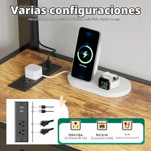 Vista 5 de Greenvelly Cama alta de metal con escritorio, cama individual tipo loft de tamaño matrimonial con enchufe de carga USB, luces LED, litera