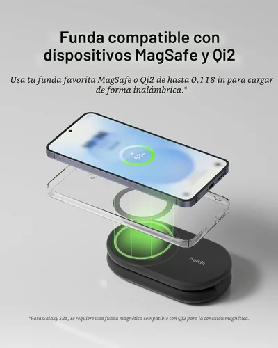 Vista 8 de Belkin Cargador Compatible con MagSafe, Cargador Magnético Plegable 2 en 1 de 15W - Carga Inalámbrica Certificada Qi2 para Apple iPhone 16, Apple