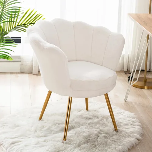 Vista 11 de chairus Silla de tocador de maquillaje blanca crema con respaldo, pequeña silla moderna tapizada de terciopelo con patas de metal dorado, bonita