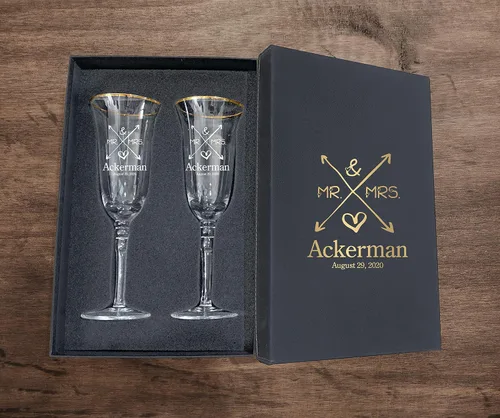 Vista 53 de Juego de 2 copas de champán personalizadas para boda grabadas con caja - Bride & Groom's Wedding Toast