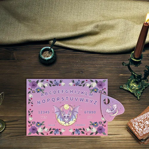 Vista 7 de CREATCABIN Tablero de péndulo de murciélago de madera, kit de adivinación de radiestesia morada, tablero de conversación de madera con flores