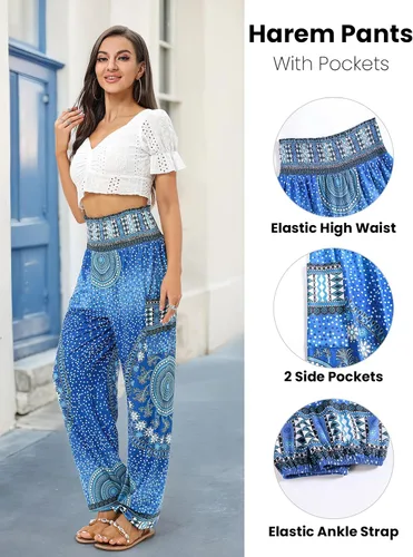 Vista 3 de QIANXIZHAN - Pantalones harén para mujer, pantalones bohemios de yoga con cintura alta y bolsillos