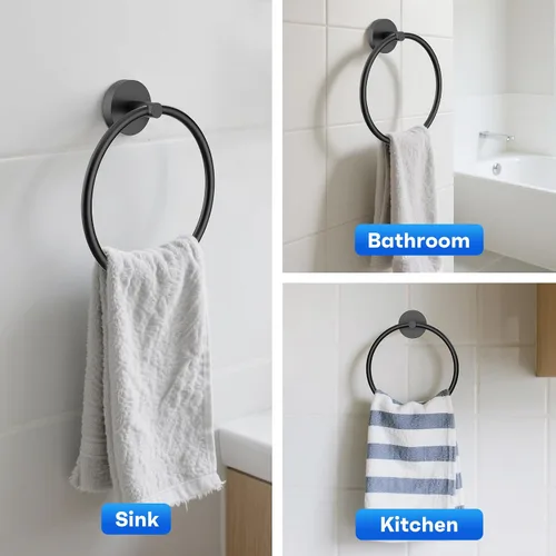 Vista 7 de Portatollas de Mano Atornillable Negro Mate Anillo para Toallas para Pared de Baño de Acero Inoxidable Colgador de Toallas Redondo para Accesorios