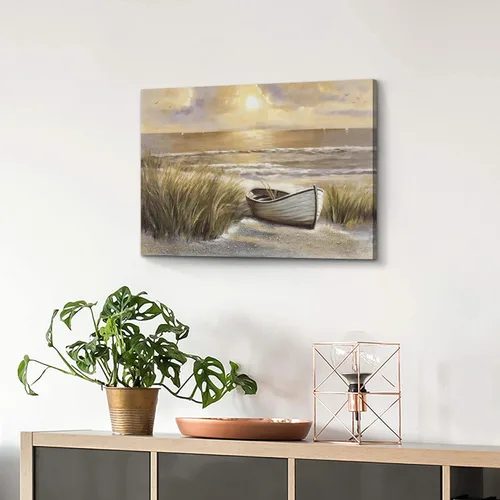 Vista 5 de arttitue Lienzo decorativo para pared de playa: baño, puesta de sol costera, paisaje, océano, mar, escena, obra de arte, paisaje marino, barco