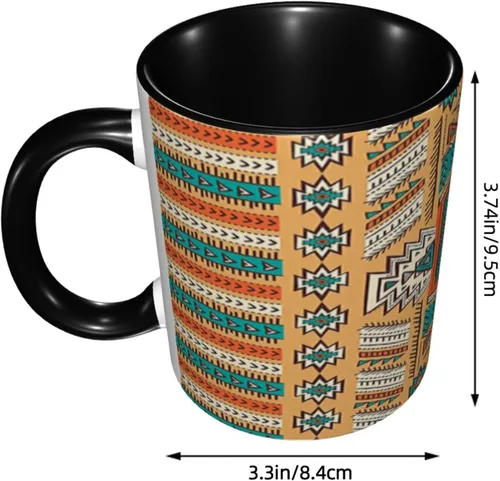 Vista 3 de Taza de café grande de cerámica, taza única tribal, patrón de tribu secreta azteca india, bohemio, 11 onzas, para oficina y hogar, naranja y verde
