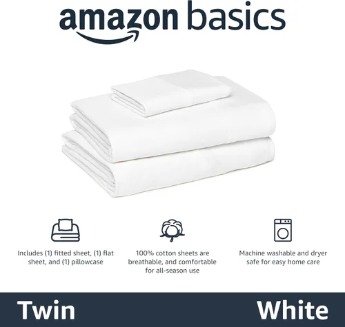 Vista 2 de Amazon Basics - Juego de sábanas de jersey 100% algodón, individual, blanco, liso
