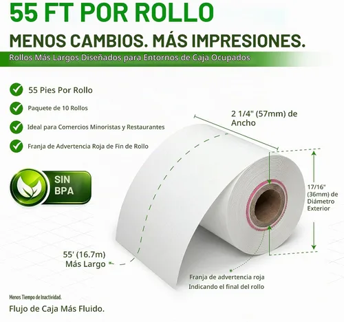 Vista 3 de Rollo de papel térmico para papel de recibo Clover Flex 2 1/4 x 55 (10 rollos)