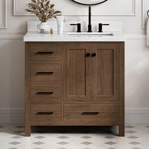 Vista 65 de ARIEL Cambridge - Mueble de baño con lavabo de 42 pulgadas, madera maciza, encimera de cuarzo blanco puro de 1.5 pulgadas, fregadero rectangular