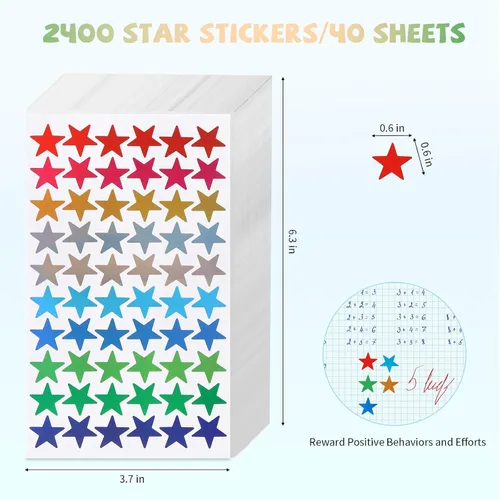 Vista 2 de ONEDONE Calcomanías de estrellas para niños, 10 colores, calcomanías de estrellas pequeñas, 2400 unidades, calcomanías de recompensa para niños