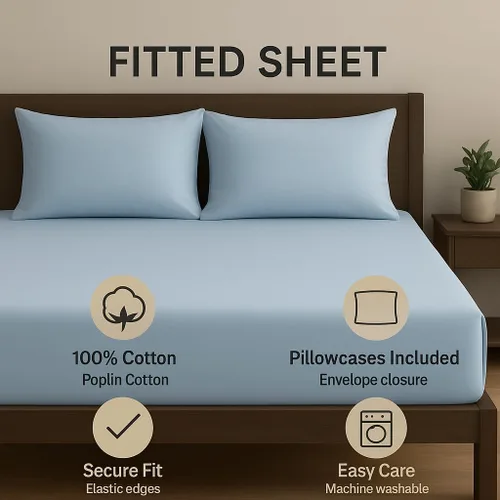 Vista 2 de DaDa Bedding - Lujoso juego de sábanas bajeras de algodón suave, color azul pastel sereno con fundas de almohada a juego, diseño de bolsillo