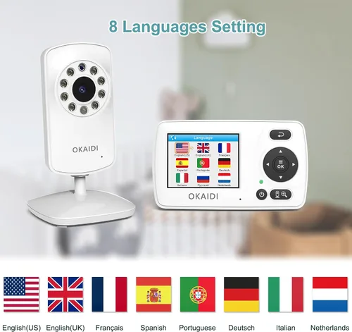 Vista 3 de OKAIDI Monitor de video para bebés con 2 cámaras, pantalla de viaje portátil de 2.4 pulgadas, transmisión de largo alcance de 1000 pies, monitor