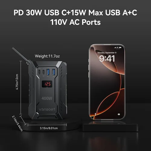 Vista 5 de Inversor de corriente para automóvil de 400 W CC 12 V a 110 V AC con PD 30 W/15 W USB C+2 puertos USB A y 2 salidas de CA, adaptador de enchufe
