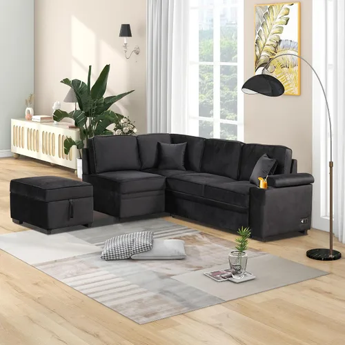 Vista 15 de Sofá cama modular de 104 pulgadas con diván de almacenamiento y taburetes para sala de estar, moderno sofá cama extraíble de 3 asientos